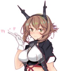 Rule 34 | 1girl, absurdres, breasts, brown hair, commentary request, cropped jacket, gloves, green eyes, hairband, headgear, heart, highres, index finger raised, kantai collection, large breasts, midriff, mutsu (kancolle), nitamako (sakamalh), radio antenna, short hair, simple background, solo, upper body, white background, white gloves