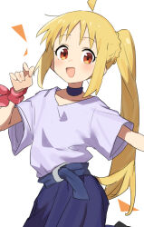 Rule 34 | 1girl, :d, ahoge, black choker, blonde hair, blue skirt, blush, bocchi the rock!, choker, collarbone, commentary, detached ahoge, gazacy (dai), hand up, highres, ijichi nijika, long hair, looking at viewer, open mouth, ponytail, ponytail with braided base, red eyes, red ribbon, ribbon, shirt, short sleeves, sidelocks, simple background, skirt, smile, solo, white background, white shirt