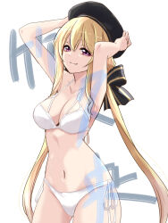 Rule 34 | 1girl, arms up, assault lily, bare arms, bare shoulders, beret, bikini, black bow, black hat, blonde hair, bow, breasts, character name, cleavage, closed mouth, collarbone, commentary request, cowboy shot, hair between eyes, hair bow, hands on headwear, hat, highres, long hair, looking ahead, low twintails, medium breasts, multi-strapped bikini, navel, purple eyes, side-tie bikini bottom, sidelocks, simple background, smile, solo, standing, stomach, striped, striped bow, swimsuit, takehisa nakaba, translated, twintails, urutsu sahari, very long hair, white background, white bikini