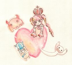 Rule 34 | 1girl, capelet, crown, ghost, heart, heart background, kumacy, one piece, perona, pink hair, simple background, solo, twintails