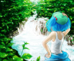 Rule 34 | 1girl, daico, female focus, from behind, hand on own head, hand on own hip, hip focus, kawashiro nitori, nature, river, solo, tank top, touhou, two side up