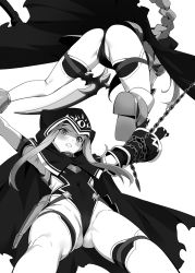 Rule 34 | 1girl, all fours, ass, blush, boots, bound, bound wrists, braid, cameltoe, cape, chained wrists, cleft of venus, clenched teeth, detached sleeves, fate/grand order, fate (series), gloves, greyscale, high heel boots, high heels, highleg, highleg leotard, highres, hood, hood up, hooded cape, leotard, long hair, long sleeves, looking at viewer, medusa (fate), medusa (lancer) (fate), medusa (rider) (fate), monochrome, navel, restrained, rider, simple background, solo, teeth, white background, yd (orange maru)