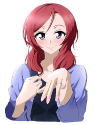 Rule 34 | 1girl, aged up, black shirt, blush, closed mouth, collarbone, cropped torso, highres, jewelry, kirisaki reina, long hair, looking at viewer, love live!, love live! school idol project, nail polish, nib pen (medium), nishikino maki, pink nails, purple eyes, red hair, ring, shirt, simple background, smile, solo, sparkle, swept bangs, traditional media, upper body, wedding band, white background