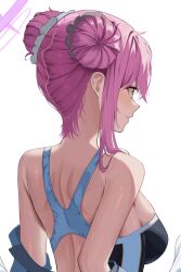 Rule 34 | 1girl, absurdres, armpit crease, back, blue archive, blush, breasts, dubeaduver, frilled ribbon, frills, from behind, hair bun, hair ornament, halo, highres, large breasts, mika (blue archive), pink hair, profile, ribbon, sideboob, simple background, skindentation, smile, solo, swimsuit, white background