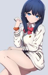 Rule 34 | 1girl, absurdres, black hair, black skirt, blue eyes, bow, bowtie, cardigan, cellphone, earphones, expressionless, grey background, gridman universe, highres, holding, holding phone, long hair, long sleeves, looking at viewer, miniskirt, noshimurin, orange scrunchie, phone, pleated skirt, red bow, red bowtie, school uniform, scrunchie, shiny skin, simple background, skirt, smartphone, ssss.gridman, takarada rikka, thighs, white cardigan, wrist scrunchie