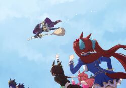 Rule 34 | 6+girls, air groove (umamusume), animal ears, arm up, black footwear, black hair, black jacket, blue jacket, blue skirt, boots, breasts, brown hair, clothing cutout, daiwa scarlet (umamusume), day, detached sleeves, flying, gloves, hair rings, hat, high heel boots, high heels, highres, hishi amazon (umamusume), horse ears, horse girl, horse tail, jacket, kawakami princess (umamusume), long hair, long sleeves, low ponytail, medium breasts, multiple girls, nanaheibei 3, outdoors, outstretched arm, running, short hair, skirt, star (symbol), sweep tosho (umamusume), tail, tail through clothes, thigh boots, trait connection, twintails, umamusume, vodka (umamusume), white gloves, white skirt, witch hat