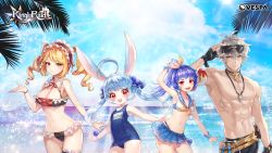 Rule 34 | 1boy, 3girls, adjusting eyewear, ahoge, aisha (king&#039;s raid), animal ears, arm up, armpits, artist request, beach, belt, bikini, bikini skirt, blonde hair, blue hair, breasts, bridal garter, cleavage, cloud, curly hair, day, eyewear lift, eyewear on head, fingerless gloves, gloves, hand on eyewear, jewelry, king&#039;s raid, long hair, luna (king&#039;s raid), miruru (king&#039;s raid), mitra (king&#039;s raid), multiple girls, muscular, navel, necklace, ocean, official art, official wallpaper, open mouth, outdoors, outstretched arms, ponytail, purple hair, rabbit ears, red eyes, ribbon, school swimsuit, short hair, silver hair, skirt, sky, smile, sunglasses, swimsuit, topless, twintails, wallpaper, whistle, yellow eyes