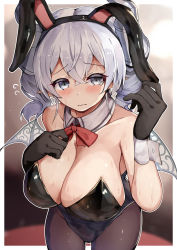 Rule 34 | 1girl, animal ears, bare shoulders, blush, bow, bowtie, breasts, cleavage, collarbone, drill hair, duel monster, fake animal ears, gloves, grey eyes, grey hair, hair between eyes, highres, huge breasts, lovely labrynth of the silver castle, leotard, lovely labrynth of the silver castle, medium hair, pantyhose, playboy bunny, rabbit ears, se-u-ra, solo, sweat, twin drills, wrist cuffs, yu-gi-oh!
