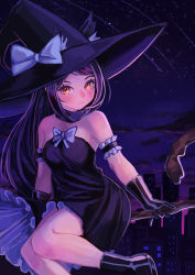 Rule 34 | 1girl, armband, bare shoulders, black armband, black dress, black footwear, black gloves, black hair, black legwear, black scarf, blue bow, blue bowtie, blush, boots, bow, bowtie, city lights, cityscape, cloud, cloudy sky, dress, dusk, ears through headwear, flower witch, flying, frilled armband, frilled dress, frills, gloves, hakai no ika, hat, highres, long hair, looking at viewer, nako (flower witch), night, night sky, orange eyes, outdoors, scarf, shooting star, short dress, sky, skyline, sleeveless, sleeveless dress, star (sky), strapless, strapless dress, sunset, witch, witch hat, wooden staff