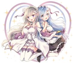 Rule 34 | 10s, 2girls, :d, alternate hair length, alternate hairstyle, apron, bare shoulders, black dress, black footwear, blue eyes, blue hair, blush, braid, breasts, brown hair, cleavage, commentary request, dress, emilia (re:zero), flower, flower knot, frilled apron, frilled dress, frills, hair flower, hair ornament, hair ribbon, hairclip, hand up, hands up, head tilt, heart, holding hands, large breasts, long hair, long sleeves, looking at viewer, melings (aot2846), multiple girls, open mouth, pantyhose, purple eyes, purple ribbon, re:zero kara hajimeru isekai seikatsu, red ribbon, rem (re:zero), ribbon, shoe soles, shoes, smile, sparkle, thighhighs, very long hair, waist apron, white apron, white background, white dress, white flower, white legwear, wide sleeves, x hair ornament