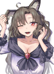 Rule 34 | 1girl, ahoge, animal ears, blush, breasts, brooch, brown hair, cleavage, dress, frilled sleeves, frills, gunnjou yosio, hand in own hair, highres, imaizumi kagerou, jewelry, long hair, medium breasts, one eye closed, open mouth, red eyes, solo, teeth, touhou, white background, wolf ears