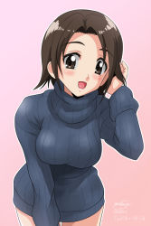 Rule 34 | 1girl, :d, artist name, blue sweater, breasts, brown eyes, brown hair, commentary, cowboy shot, dated, girls und panzer, hand in own hair, leaning forward, long sleeves, looking at viewer, matsui yasutsugu, medium breasts, no pants, one-hour drawing challenge, open mouth, outline, parted bangs, pink background, ribbed sweater, sawa azusa, short hair, signature, smile, solo, standing, sweater, turtleneck, white outline