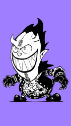 Rule 34 | 1boy, ascot, belt, blacknirrow, chibi, claw pose, constricted pupils, fishnet top, gecko moria, gloves, grin, happy, horns, jacket, long sleeves, male focus, monochrome, one piece, open clothes, open jacket, pants, plaid, plaid pants, pointy ears, purple background, sharp teeth, shirt, shoes, short hair, simple background, sketch, smile, solo, stitches, teeth