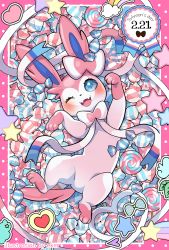 Rule 34 | animal focus, arms up, artist name, blue eyes, blush, border, bow, candy, character name, cloud, creatures (company), dated, ekm, english text, fangs, food, from above, full body, game freak, gen 6 pokemon, hair bow, happy, heart, leaf, lollipop, looking at viewer, lying, nintendo, no humans, on back, one eye closed, open mouth, outside border, pink border, pink bow, pokemon, pokemon (creature), rainbow, ribbon, shooting star, smile, solo, spread legs, star (symbol), sylveon, watermark, white ribbon, wink