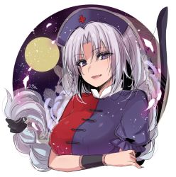 Rule 34 | 1girl, asa (coco), blue eyes, braid, breasts, colored eyelashes, constellation, cross, crossed arms, full moon, long hair, looking at viewer, moon, open mouth, outside border, puffy short sleeves, puffy sleeves, red cross, round image, short sleeves, silver hair, single braid, smile, solo, touhou, upper body, very long hair, wrist cuffs, yagokoro eirin
