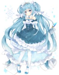 Rule 34 | 1girl, absurdres, bad id, bad pixiv id, beamed eighth notes, blue eyes, blue footwear, blue hair, blush, center frills, closed mouth, commentary request, detached sleeves, eighth note, frilled skirt, frills, full body, hatsune miku, highres, juliet sleeves, long hair, long sleeves, musical note, pantyhose, print skirt, puffy sleeves, shirt, shoes, skirt, smile, snowflake background, snowflake print, solo, standing, strapless, striped, striped sleeves, tiara, tsukiyo (skymint), twintails, vertical stripes, very long hair, vocaloid, white background, white pantyhose, white shirt, white skirt, white sleeves, yuki miku, yuki miku (2019)