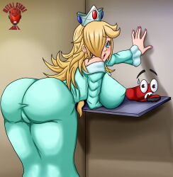 Rule 34 | 1girl, absurdres, against wall, ass, ass focus, blonde hair, blue eyes, blush, breast rest, breasts, cappy (mario), crown, dress, embarrassed, from behind, hair over one eye, hat, highres, huge ass, large breasts, leaning, leaning forward, long hair, looking at viewer, mario (series), metalstoneart, nintendo, open mouth, rosalina, sideboob, super mario galaxy, super mario odyssey