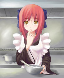 Rule 34 | 00s, 1girl, apron, black dress, blush, bow, bowl, brown eyes, cooking, cooking pot, dress, finger to mouth, hair bow, kitchen, kohaku (tsukihime), long sleeves, looking at viewer, red hair, shoes, solo, tasting, tsukihime, upper body, whisk, yanphoenix