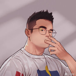 Rule 34 | 1boy, bespectacled, black eyes, black hair, blouse, closed mouth, covered mouth, finger to mouth, glasses, looking at viewer, male focus, original, portrait, print shirt, profile picture, realistic, shirt, solo, spiked hair, t-shirt, thick eyebrows, undercut, white shirt, xian miao