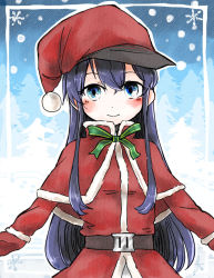 Rule 34 | 1girl, akatsuki (kancolle), akatsuki kai ni (kancolle), alternate costume, belt, black hat, blue eyes, blush, brown belt, capelet, cink-knic, closed mouth, commentary request, flat cap, fur-trimmed capelet, fur trim, green ribbon, hair between eyes, hat, kantai collection, long hair, long sleeves, looking at viewer, mittens, outstretched arms, purple hair, red capelet, red hat, red mittens, red shirt, ribbon, santa costume, santa hat, shirt, sketch, smile, snowflakes, snowing, solo, striped ribbon, upper body, very long hair