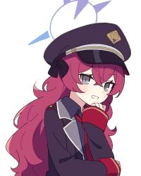 Rule 34 | 1girl, bad id, bad twitter id, black hat, black shirt, blouse, blue archive, collared shirt, crossed bangs, grey eyes, grin, hair between eyes, halo, hand on own chin, hand up, hat, hat ribbon, iroha (blue archive), light blush, long hair, long sleeves, looking at viewer, military, military hat, military uniform, necktie, peaked cap, red hair, red necktie, ribbon, shirt, siha048, simple background, smile, solo, uniform, upper body, wavy hair, white background