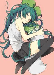 Rule 34 | 1girl, boots, green eyes, green hair, hatsune miku, kouga 228, long hair, lying, matching hair/eyes, hugging object, on side, pillow, pillow hug, skirt, solo, spring onion, thigh boots, thighhighs, very long hair, vocaloid