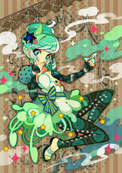 Rule 34 | 1girl, :d, food, food on face, green hair, hair ornament, heart, ice cream, open mouth, original, personification, ribbon, sandals, santou suihei, slime (substance), smile, smoke, star (symbol), tongue