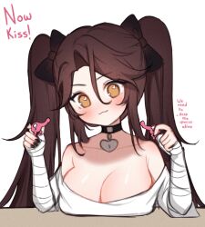 Rule 34 | 1girl, :3, absurdres, bandaged arm, bandages, bare shoulders, black choker, blush, bow, breast rest, breasts, brown eyes, brown hair, choker, cleavage, closed mouth, collarbone, english text, hair between eyes, hair bow, head tilt, heart, heart-shaped pupils, heart choker, highres, large breasts, long hair, medium breasts, off-shoulder shirt, off shoulder, original, shirt, simple background, sky above me, smile, solo, swept bangs, symbol-shaped pupils, twintails, upper body, very long hair, white background, white shirt