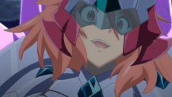 Rule 34 | 10s, 1girl, amou kanade, armor, eyebrows, grin, headgear, looking at viewer, lowres, messy hair, open mouth, pauldrons, red eyes, red hair, senki zesshou symphogear, shoulder armor, smile, solo, spikes, third-party edit, visor