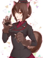 Rule 34 | 10s, 1girl, animal ears, animal hands, black hat, black jacket, brown eyes, brown hair, commentary, dress shirt, garrison cap, girls und panzer, gloves, hat, jacket, kemonomimi mode, kuromorimine military uniform, long sleeves, looking at viewer, military, military hat, military uniform, nakaya 106, nishizumi maho, open mouth, paw gloves, paw pose, red shirt, red skirt, shirt, short hair, skirt, solo, standing, tail, triangle, twitter username, uniform, upper body, wing collar, wolf ears, wolf tail