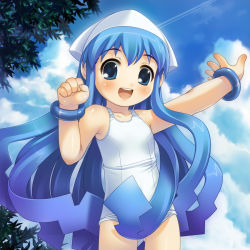 Rule 34 | 1girl, :d, akiba hideki, blue eyes, blue hair, blush, bracelet, clenched hand, cloud, collarbone, contrail, cowboy shot, day, flat chest, gluteal fold, hat, highres, ikamusume, jewelry, long hair, looking at viewer, one-piece swimsuit, open mouth, outstretched arm, round teeth, school swimsuit, shinryaku! ikamusume, sky, smile, solo, squid hat, swimsuit, teeth, tentacle hair, tree, very long hair, white hat, white one-piece swimsuit, white school swimsuit