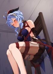 Rule 34 | 1girl, absurdres, ahoge, arms behind back, bare shoulders, bdsm, bell, black dress, black gloves, blue dress, blue hair, blush, bondage, bound, breasts, cameltoe, chair, closed eyes, detached sleeves, dress, ganyu (genshin impact), ganyu (twilight blossom) (genshin impact), genshin impact, gloves, gradient dress, hair ornament, highres, horns, legs together, long hair, medium breasts, neck bell, nero-kun, nose blush, official alternate costume, official alternate hairstyle, red rope, restrained, rope, see-through, sideboob, sidelocks, sitting, solo