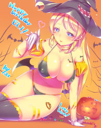 Rule 34 | 10s, 1girl, :p, arm support, ayase eli, bat (animal), bikini, blonde hair, blue eyes, breasts, candy, candy cane, cleavage, covered erect nipples, facial mark, food, gatchu, gloves, halloween, hat, heart, highres, jack-o&#039;-lantern, large breasts, love live!, love live! school idol project, navel, sitting, solo, swimsuit, thigh gap, thighhighs, tongue, tongue out, witch hat, wrapped candy
