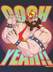 Rule 34 | 1boy, alternate costume, bandana, beard, capcom, carmessi, cosplay, english text, facial hair, looking at viewer, male focus, muscular, muscular male, parody, randy savage, solo, street fighter, street fighter v, upper body, wwe, zangief