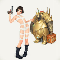 Rule 34 | 1boy, 1girl, aiming up, armor, bandages, belt boots, black footwear, black hair, bob cut, boots, breasts, brown eyes, combat boots, commentary, cosplay, curled fingers, full body, fumichika mori, gold armor, gun, handgun, head tilt, holding, holding gun, holding suitcase, holding weapon, knee boots, leaning back, leeloo (the fifth element), leeloo (the fifth element) (cosplay), leon (leon the professional), leon the professional, light smile, looking ahead, looking away, looking to the side, mathilda lando, mondoshawan (the fifth element), mondoshawan (the fifth element) (cosplay), naked bandage, panties, pigeon-toed, short hair, simple background, small breasts, standing, suitcase, the fifth element, thigh gap, underboob, underwear, weapon, white background, white panties