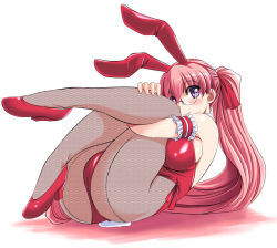 Rule 34 | 1girl, animal ears, armband, ass, bare shoulders, blush, breasts, rabbit ears, rabbit tail, playboy bunny, detached collar, fake animal ears, female focus, fishnet pantyhose, fishnets, glasses, high heels, large breasts, legs up, leotard, log-mi (tonpuu), long hair, looking at viewer, original, pantyhose, pink hair, ponytail, purple eyes, red leotard, shoes, solo, tail, tonpuu, very long hair, wrist cuffs