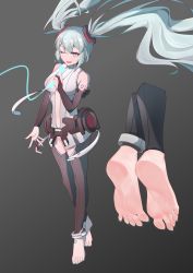 Rule 34 | 1girl, absurdres, alternate costume, anklet, aqua eyes, aqua hair, aqua nails, barefoot, black pants, breasts, bridal gauntlets, cleavage cutout, clothing cutout, commentary, detached sleeves, english commentary, eyelashes, feet, floating, foot focus, gradient background, grey background, grey shirt, hand up, hatsune miku, hatsune miku (append), highres, holding, holding microphone, jager, jewelry, long hair, medium breasts, microphone, multiple views, nail polish, navel cutout, official alternate costume, one eye closed, pants, shirt, sidelocks, sleeveless, sleeveless shirt, soles, thigh cutout, toenail polish, toenails, toes, twintails, very long hair, vocaloid, vocaloid append