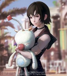 Rule 34 | 10s, 1girl, bad id, bad tumblr id, black hair, blurry, blurry background, brown eyes, choker, final fantasy, final fantasy xv, highres, hood, ilya kuvshinov, iris amicitia, looking at viewer, lord of vermilion, lord of vermilion iv, moogle, official art, parted lips, short hair, sleeveless, solo, stuffed toy, watermark