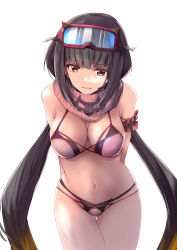 Rule 34 | 1girl, arms behind back, bikini, black hair, breasts, brown eyes, fate/grand order, fate (series), goggles, goggles on head, gradient hair, large breasts, long hair, low twintails, medium breasts, multicolored hair, navel, osakabehime (fate), osakabehime (swimsuit archer) (fate), osakabehime (swimsuit archer) (second ascension) (fate), pink eyes, rikudou inuhiko, scarf, solo, swimsuit, twintails, very long hair, white background