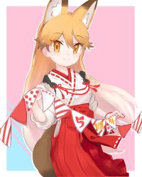 Rule 34 | 1girl, alternate costume, animal ears, black bow, bow, brown hair, commentary request, extra ears, ezo red fox (kemono friends), fox ears, fox girl, fox tail, highres, japanese clothes, kemono friends, long hair, miko, multicolored hair, orange eyes, orange hair, pants, red pants, shirt, smile, solo, streamers, tail, tatsuno newo, translation request, white hair, white shirt