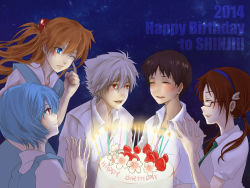 Rule 34 | 10s, 2014, 2boys, 3girls, ayanami rei, birthday, blue eyes, blush, cake, candle, food, glasses, happy, hydefuki, ikari shinji, long hair, makinami mari illustrious, multiple boys, multiple girls, nagisa kaworu, neon genesis evangelion, rebuild of evangelion, red eyes, school uniform, short hair, souryuu asuka langley