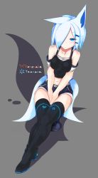Rule 34 | 1girl, animal ears, bare shoulders, blue eyes, blue hair, boots, breasts, commentary request, fox ears, fox tail, hair ornament, hair over one eye, highres, korigitsune, looking at viewer, matching hair/eyes, midriff, multiple tails, navel, original, short hair, shorts, solo, tail, thigh boots, thighhighs