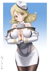 Rule 34 | 1girl, bare shoulders, black legwear, blonde hair, blush, breasts, gradient background, hat, headgear, highres, houston (kancolle), kantai collection, large breasts, long sleeves, looking at viewer, miniskirt, peaked cap, short hair, simple background, skirt, smile, solo, t2r, yellow eyes