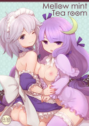 Rule 34 | 2girls, ass, asymmetrical docking, bow, braid, breast press, breasts, cover, cover page, crescent, crescent hair ornament, dress, female focus, hair bow, hair ornament, izayoi sakuya, kty (04), long hair, low-tied long hair, maid headdress, multiple girls, nipples, no bra, no panties, off shoulder, one eye closed, open clothes, open dress, patchouli knowledge, purple eyes, purple hair, purple legwear, silver hair, smile, thighhighs, touhou, twin braids, very long hair, wink, yuri