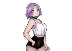 Rule 34 | (antagonista), 1girl, :o, breasts, choker, cleavage, collarbone, large breasts, looking at viewer, open mouth, purple eyes, purple hair, short hair, simple background, standing, tania, white background