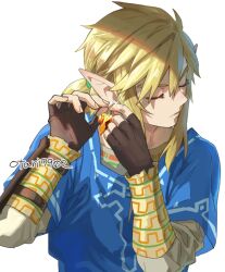 Rule 34 | 1boy, amber (gemstone), blonde hair, champion&#039;s tunic (zelda), closed eyes, earrings, fingerless gloves, gem, gloves, indesign, jewelry, link, male focus, nintendo, pointy ears, short hair, short ponytail, simple background, solo, the legend of zelda, the legend of zelda: breath of the wild, upper body, white background
