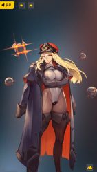 Rule 34 | 1girl, black gloves, blonde hair, boots, breasts, closed mouth, coat, crossed arms, elbow gloves, floating hair, full body, gloves, groin, hat, highres, indomitable marie, large breasts, last origin, legs, leotard, long hair, looking at viewer, mari (last origin), military, military uniform, official art, serious, simple background, solo, standing, thick eyebrows, thigh boots, thighhighs, thighs, uniform, yellow eyes