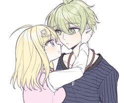 Rule 34 | 1boy, 1girl, ahoge, akamatsu kaede, amami rantaro, blonde hair, blush, breasts, commentary request, danganronpa (series), danganronpa v3: killing harmony, eye contact, fc (efushii), fortissimo, green eyes, green hair, hair between eyes, hair ornament, hands on another&#039;s face, hetero, jewelry, large breasts, long hair, long sleeves, looking at another, musical note, musical note hair ornament, necklace, pale skin, parted lips, pink sweater vest, pink vest, pout, purple eyes, shirt, simple background, striped clothes, striped shirt, sweater vest, upper body, vest, white background