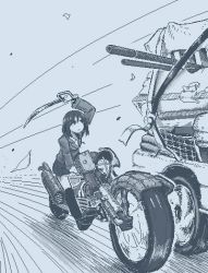 Rule 34 | 1girl, black eyes, black hair, black thighhighs, blue theme, car, closed mouth, collared shirt, expressionless, full body, hair between eyes, hamsterfragment, holding, holding sword, holding weapon, jacket, long sleeves, looking away, medium hair, monochrome, motor vehicle, motorcycle, no nose, original, outdoors, riding, road, saber (weapon), shirt, shoes, skirt, solo, strap, suicide, sword, thighhighs, vehicle focus, weapon, wheel