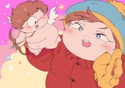 Rule 34 | 1boy, angel wings, arrow (projectile), be (ronironibebe), beanie, bow (weapon), brown hair, cupid, cupid me, eric cartman, gloves, hat, heart, heart arrow, holding, holding bow (weapon), holding weapon, jacket, one eye closed, red jacket, short hair, smile, south park, star-shaped pupils, star (symbol), symbol-shaped pupils, weapon, wings